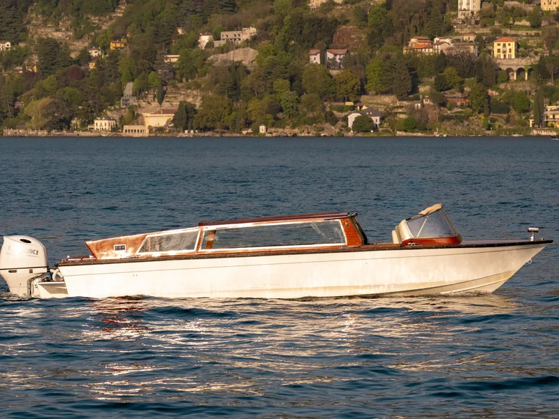 Limo taxi private boat tour passing lakeside villas on Lake Como